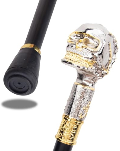 Spazierstock mit Geradem Metallgriff und Totenkopf Aus Weißgold 91 cm, Accessoire für Alltag Drama und Cosplay