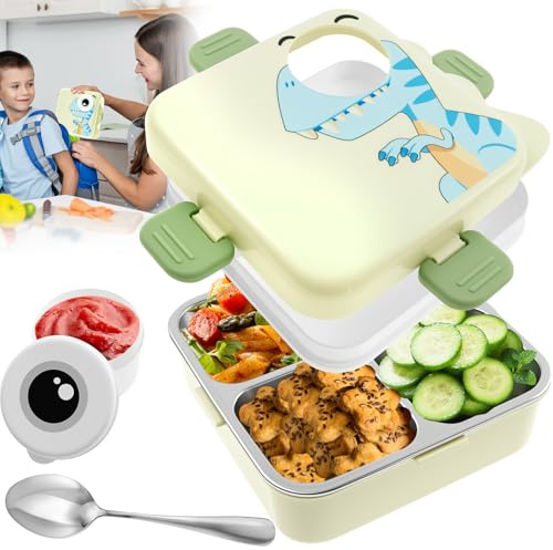 TNTGMG Lunchlåda, lunchlåda i rostfritt stål med fack och plastlock, stor kapacitet matbehållare med redskap, såsglas, läckagesäker, hållbar Bento-boxbehållare, 20 × 19 × 9 cm (grön)
