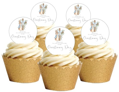 15 Pre-Cut Christening Day Baby Boy Cute Rabbit Edible Wafer Paper Cake Cupcake Toppers Decorations - 5cm circles