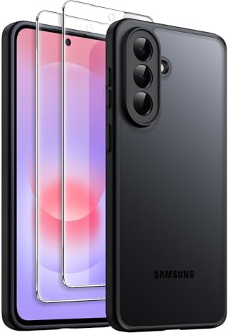 JETech 3-i-1 Matte Skal för Samsung Galaxy A37, Svart | 2 Skärmskydd av Härdat Glas, Kameralinsskydd, Frostat Genomlysande Mobilfodral