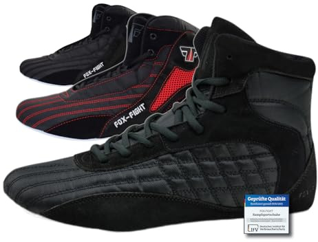FOX-FIGHT Kampfsport Schuhe | für Damen und Herren | Atmungsaktiv Flexibel | Wildleder | Ringerschuhe | Athletik Fitnesschuhe Bodybuilding | 42 / schwarz
