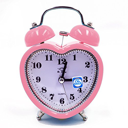 LA HUATE Retro Heart Shape Alarm Clock Silent Desk Travel Alarm Clock Cute No Ticking Twin Bell with Nightlight,Pink