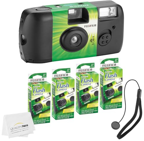 Fujifilm QuickSnap Flash 400 Disposable 35mm Camera + Hand Strap + Quality Photo Microfiber Cloth (4 Pack)