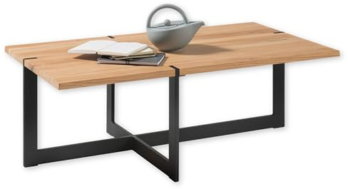 Tiago Couchtisch Massivholz Eiche mit Metallgestell - 110 x 40 x 60 cm | Wohnzimmertisch, geölte Eichenholzplatte 20 mm, überkreuzte asymmetrische Beine aus Metall und Eichenholz