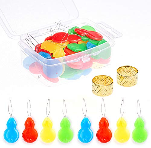 Jofefe 30Pcs Plastic Gourd-Shaped Needle Threaders, Wire Loop Needle Threader Hand Machine Sewing Tool for Embroidery Floss Cross Stitching with Clear Box, Assorted Colors (2pcs Thimbles Free)