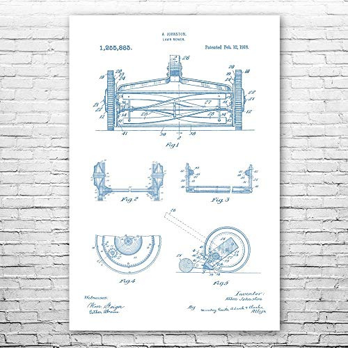 Reel Lawn Mower Poster Print, Hardware Store Decor, Garage Wall Art, Gardener Gift, Landscaper Gifts, Tool Shed Art Blue & White (20 inch x 24 inch)