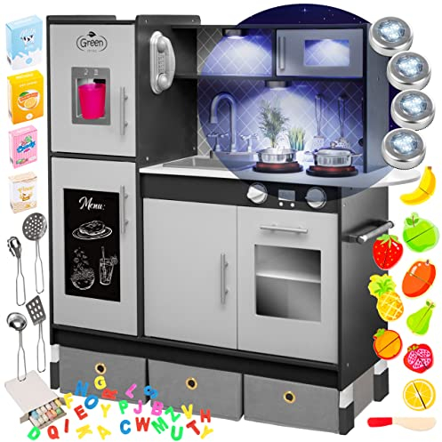 Kinderplay Holz-Spielküche höhenverstellbar 83–97 cm – Realistische LED-Lichter & Kochgeräusche – Zubehör-Set, Tafel & Magnetbuchstaben – Rollenspielküche ab 3 Jahren, Grau
