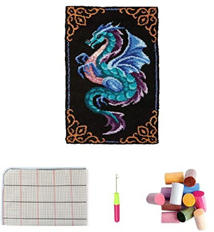 VIONNPPT Drache Serie Knüpfteppich Set Teppiche Knüpfen Kreuzstich Set für Kinder und Erwachsene, DIY Handgefertigt Knüpfset Latch Hook Rug Making Kit (Blau,60cmx40cm)