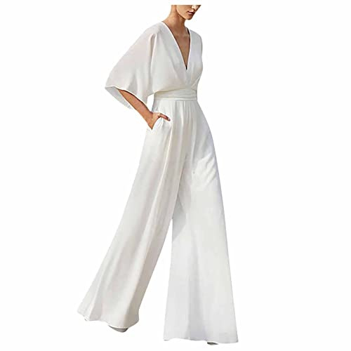 RMBLYfeiye Jumpsuit Damen Lang V-Ausschnitt Einfarbig 3/4 Ärmel Chiffon mit Taschen - Hohe Taille Tailliert Tunika Overall Hosenanzug Elegant für Hochzeit Gast