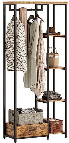 soges Kleiderständer, Garderobenständer mit Kleiderstange, 4 Ablagen und Schublade, offener Kleiderschrank für Schlafzimmer, Flur, Wohnzimmer, 80 x 34 x 180 cm