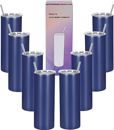 Wzaytia 8 Pack 20 Oz Stainless Steel Straight Skinny Tumblers, Insulated Slim Thin Travel Cup Set for DIY, Navy