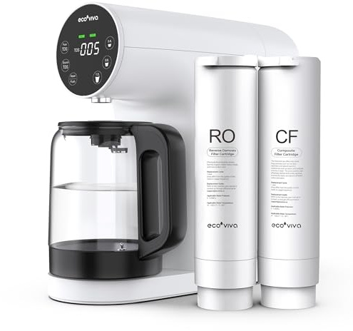 Ecoviva Countertop Reverse Osmosis Water Filtration System, Portable RO Water Filter Purifier with 4 Stage Filtration, 3:1 Pure to Drain, TDS Monitor, Faster Delivery Flow, Plug and Use - White