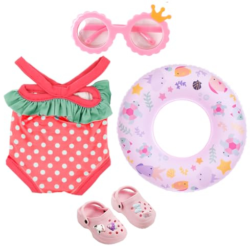 Schwimm-Set für Puppen,Puppenkleidung Sommer 4 Teilig Puppenzubehör Kleidung Outfits,mit Badeanzug Schwimmring Sonnenbrille und Clogs,Baby Puppenzubehör,Badeanzug Puppe,für 35 - 45 cm Schwimmpuppe