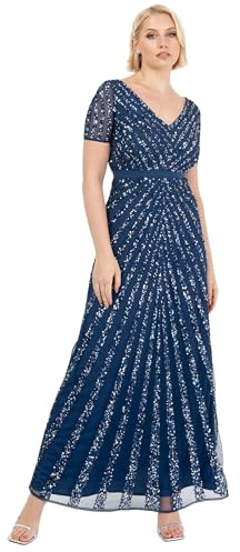 Maya Deluxe Maxi Womens Ladies Embellished Sequin Dress Long Short Sleeve V Neck High Empire Waist A Cut Shiny Prom Wedding