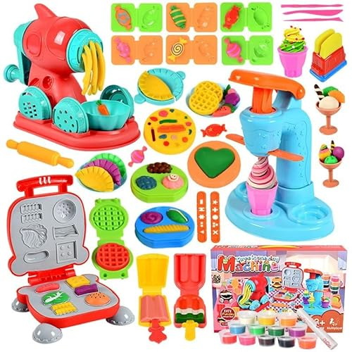 Herenear 46 Stück Knete Set Knetwerkzeug für Kinder, Knete Zubehör Kitchen Creations Eismaschine Burgermaschine PastaMaschine Dosen Knete, Knetmasse Plastilin Spielzeug Geschenk Mädchen Junge 3+