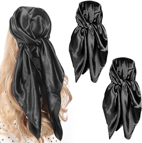 YCLFHOO 2 Pcs Head Scarf,36 Inch Large Square Satin Black Silk Scarf,Silk Head Scarf for Sleeping and Hair Wrapping,Headscarf for Women's Hair