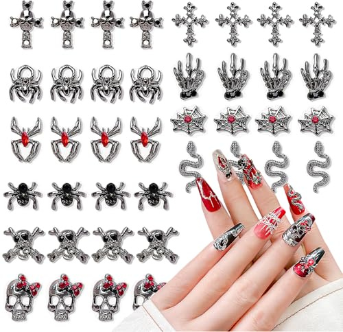 CHANGAR 40 Stück 3D Halloween-Nagelkunst-Charms, Vintage Punk Legierung, Totenkopf, Geist, Fledermaus, Spinne mit Strasssteinen, Schmuck