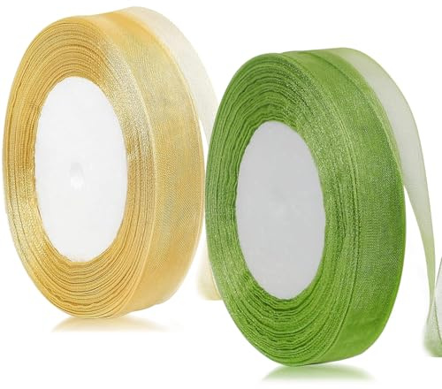 2 Rolle Geschenkband, 45m Satinband Grün, 1CM Breite Schleifenband Gold, Deko Geschenkbänder, Geschenk Band, für Weihnachten, Geschenkverpackung, Brautstrauß Basteln, Geburtstag, Hochzeit