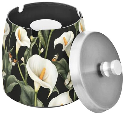 Grande posacenere infrangibile da esterno con coperchio in acciaio inox per decorazione da patio, arte calla giglio nero, posacenere per casa, ufficio, balcone