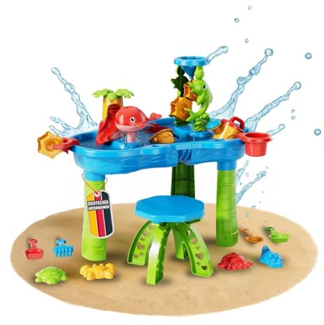 Coemo Narius L Table de jeu à sable et à eau, 1 tabouret, table à eau, pour jeux d'eau, extérieur, balcon et jardin, table de boue avec jouets de bac à sable, seau, pelle, arrosoir, roue à eau
