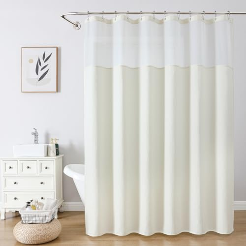 VANZAVANZU Waterproof Shower Curtain with Mesh Top Window, Waffle Weave Fabric Shower Curtain for Bathroom with Stainless Steel Hooks, Weighted Hem, Perfect for Bathtub, Hotel, Spa - 72×72 (Beige)