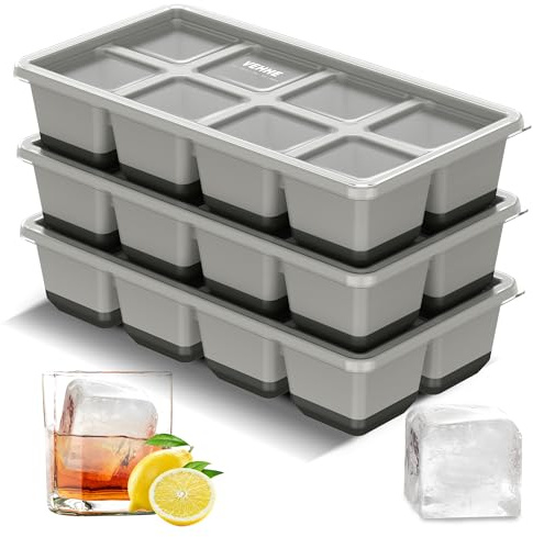 VEHHE Large Ice Cube Tray with Lid, 3 Pack Easy Release (Grey) | Stackable Design | Makes 24 Large Ice Cubes | Reusable | Freezer Safe | Ideal for Drinks