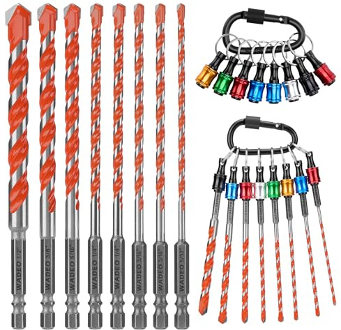 WADEO Set di Punte da Trapano + Portapunte da Trapano con Portachiavi, [8 Pezzi] [Design Rinforzato] per Piastrelle/Vetro/Mattone/Cemento/Metallo/Plastica/Legno, Robusto e Durevole