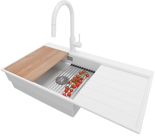 PRIMAGRAN Fregadero Granito al Mueble 60cm + Grifo, 90x50cm | Set: Grifo BW9010 + Kit de desagüe (sifón, válvula, rebosadero) + Sydney Ergo 1 Seno para Cocina, Blanco