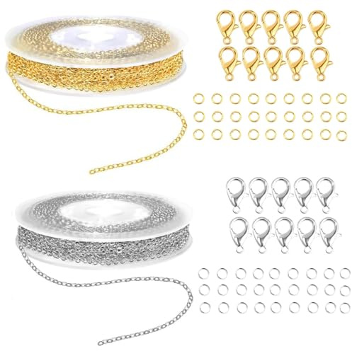 Produzione di gioielli Catena, 2 rotoli da 6 metri Catena a maglie in acciaio inossidabile fai da te Catene per la produzione di gioielli con 60 anelli di collegamento e 20 chiusure a moschettone