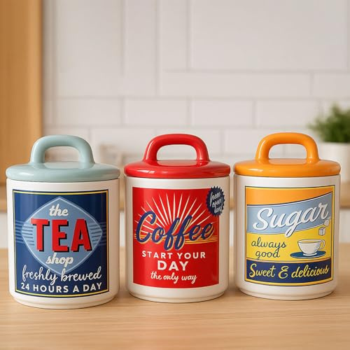 ONE BEST DEAL OBD Vintage Retro 50's/60's Tea Coffee Sugar Canisters Ceramic Storage Jars Airtight Lids Durable Kitchen Containers Decorative Accessories for Home Countertop