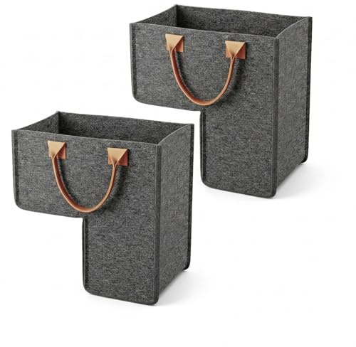 Treppen Organizer Korb 2er Set, L-Form Treppenkorb aus Filz mit Kunstleder Griff, Faltbarer Stufenkorb für Holz- & Teppichtreppen, Aufbewahrung für Wäsche, Spielzeug, Bücher, Grau