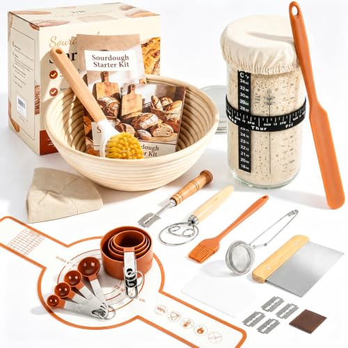 Sourdough Starter Kit, Banneton Bread Proofing Basket Set, 23cm Round Proving Basket Natural Rattan, Complete Bread Making Accessories with Starter Jar, Dough Whisk & Scrapers for Beginner Bakers