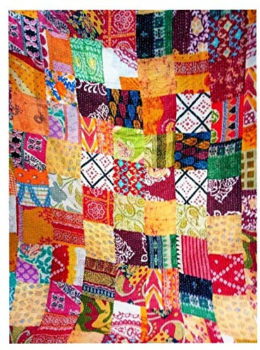 YUVANCRAFTS Indian Handmade Assorted Patchwork Kantha Quilt Twin Size Vintage Look Kantha Throw Gudari Blanket Bedspread Coverlet Single Quilt