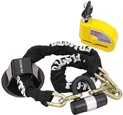 FD-MOTO 3KG Anti-Theft 1.2M*10mm Chain Lock Padlock + Alarm Brake Disc Lock Yellow + Ground Wall Anchor Heavy Duty for Motorbike Motorcycle Scooter Bike Bicycle ATV