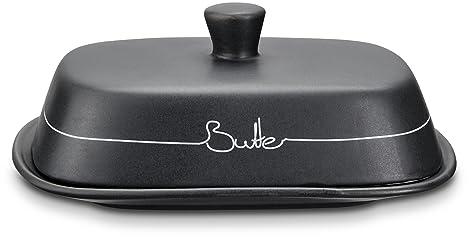 KHG Butterdose Anthrazit Grau Keramik Steingut poliert mit Griff für 200g Butter, Butter Box mit Beschriftung, Butter Behälter zur Aufbewahrung, mit Deckel-Griff