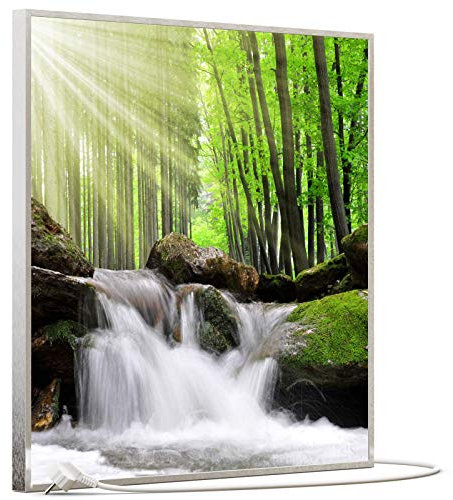 STEINFELD Bild Infrarotheizung mit Thermostat | Made in Germany | viele Motive 350-1200 Watt Rahmen silber (350W, 065 Wasserfall Wald)