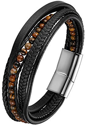 Flongo Herrenarmband Männer Kette Lederarmband, Edelstahl Geflochten Leder Echtleder Armband Armreif Armkett Kreuz Link Schwarz Silber Gold Biker Herren-Accessoires