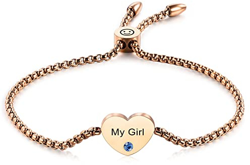 MeMeDIY Personalisiertes Herz Geburtsstein Armband Angepasst Gravur Name/Datum für Frauen Mädchen den Besten Freund Edelstahl Zierliche Verstellbare Kastenkette Brautjungfer Geschenk (Roségold)