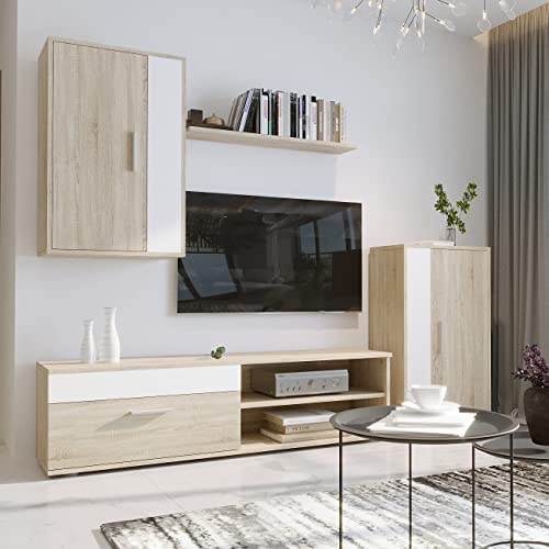 Homely® - Mueble de Salón Modular Ibiza Mini | Conjunto 4 Muebles | Muebles Salón Completo | Mueble para Televisión + Mueble Bajo + Mueble Alto + Estantería Alta | Color Roble y Blanco