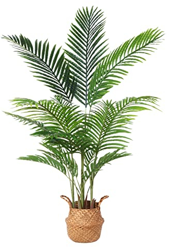 Ferrgoal Kunstpflanze Areca Palme mit Seegras Korb 140cm Plastik Künstliche Pflanzen Groß im Topf Kunstpalme Deko Badezimmer Wohnzimmer Schlafzimmer Balkon(1 Stück)