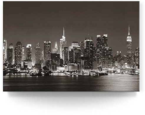 BilderKing Wandbild Skyline New York Manhatten Night - 120cm x 80cm Leinwand auf Fertigrahmen + Aufhänger