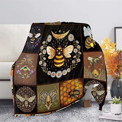 HUGS IDEA Coperta per letto con ape, margherita e fiori, plaid in pile, stile retrò, collage patchwork, invernale, caldo, per divano, XL, colore: XL
