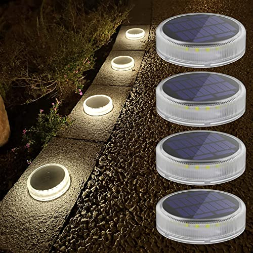 Soslina Solar Bodenleuchten Aussen, Solarlampen für Außen Auto ON/OFF, Solarleuchten für Außen Wasserdicht, Solar Lampe Outdoor für Garten Rasen Terrasse Auffahrt, Runden Natürliches Weiß 4 Stück