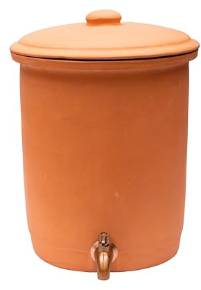 Village Decor Terrakotta-Wassertopf mit Deckel, Glas und Wasserhahn aus 304 Edelstahl, vorgebrannter Terrakotta-Schlamm (Fassungsvermögen 6000 ml)