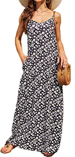 Robe longue d'été pour femme, robe longue à motif floral coloré et décontracté avec poches (taille L, A-noir floral)