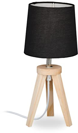 Relaxdays Tischlampe Dreibein, Holz & Stoff, E14, skandinavisches Design, HxD 31 x 14 cm, Nachttischlampe, natur/schwarz