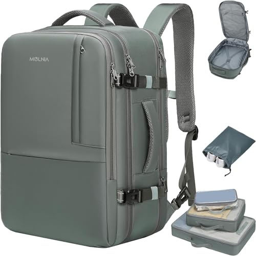 MOLNIA 50L Großer Reiserucksack erweiterbarer Herren Damen Handgepäck Flugzeug Rucksack, 17.3 Zoll Laptop Rucksack spritzwassergeschütztes Carry on Kabinenrucksack für Weekender