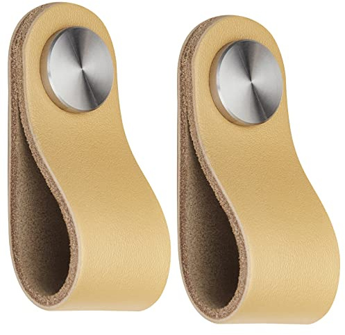 SOTECH 2 x Möbelknopf OSTERNAS | (passend für 6 mm Bohrung) aus Rindsleder und Schraubknöpfen aus echtem Edelstahl / Lederknopf mit Befestigungsschrauben