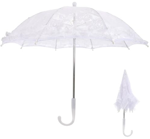 STOBOK Lace Parasol Umbrella, 18.86x17.29 Inch White Vintage Wedding Bride Lace Parasol with Handle for Weeding, Photo Props, Party Decor, Wedding Decorations