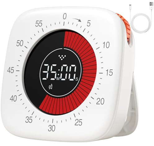 Visueller Wiederaufladbarer Timer - Digital Kurzzeitmesser Mit 4 Alarmmodi, Verbesserter 60 Minuten Count-up und Countdown für Kinder Lernen Erwachsenenarbeit Küche Kochen (Weiss)